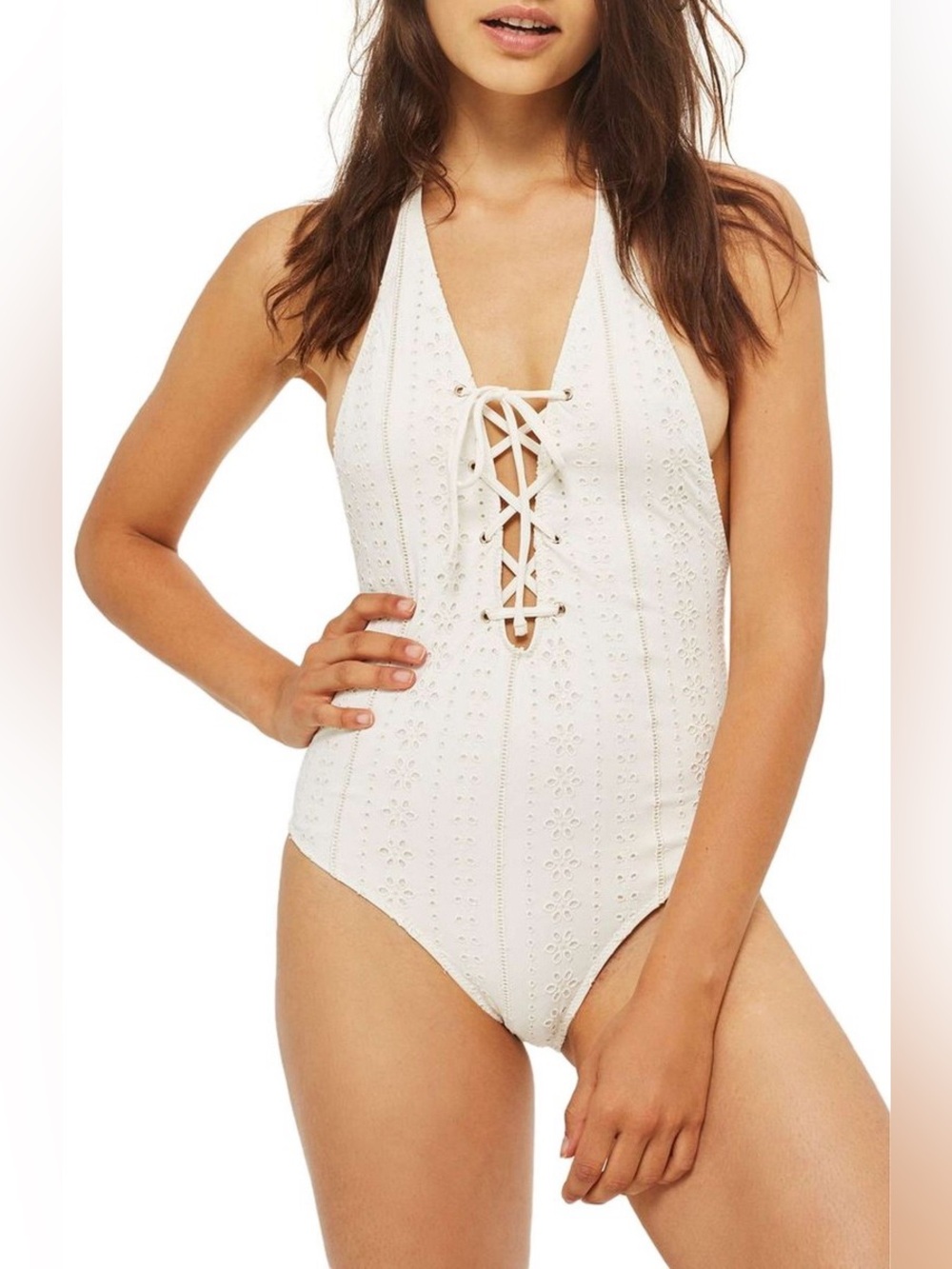 Topshop Cream Eyelet Lace-Up One-Piece Swimsuit